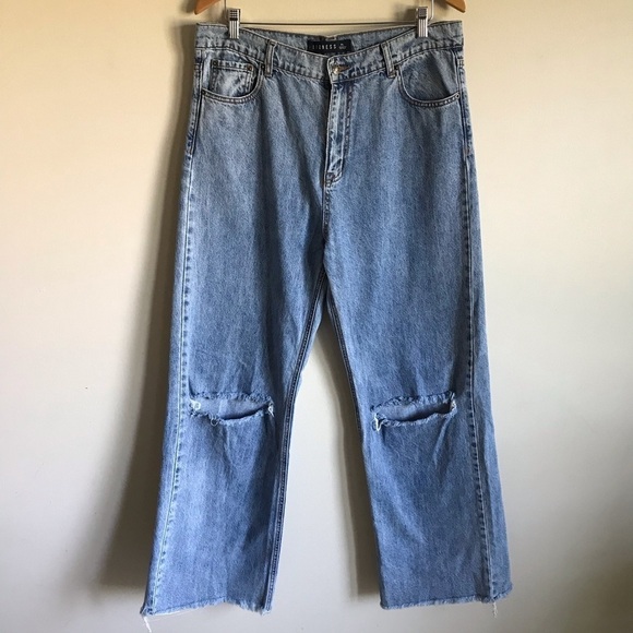 Lioness Denim - Lioness Wide Leg Ripped Distressed Baggy Flood Denim Jeans Stone Wash Size XL